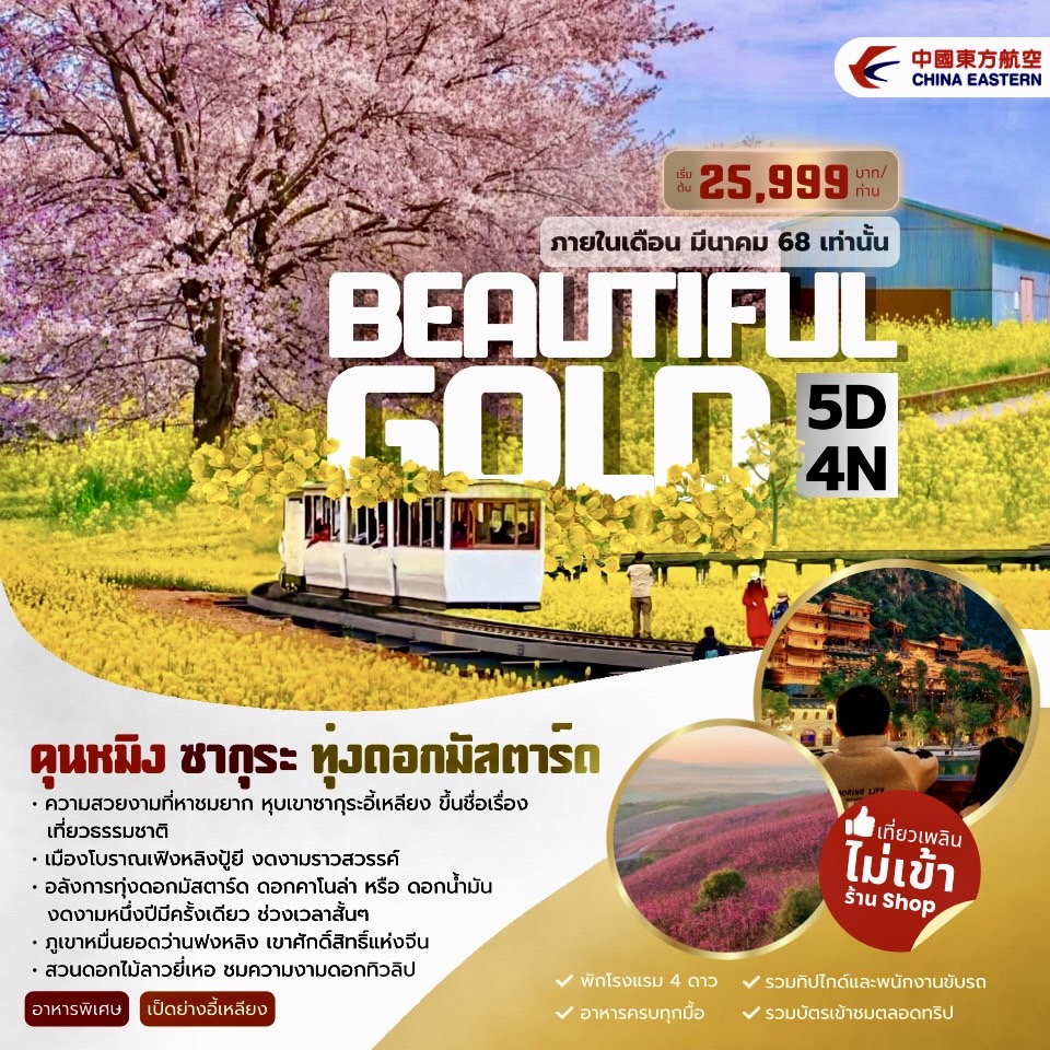 ทัวร์จีน คุนหมิง ซากุระ ทุ่งดอกมัสตาร์ด Beautiful Gold 5วัน 4คืน (MU)